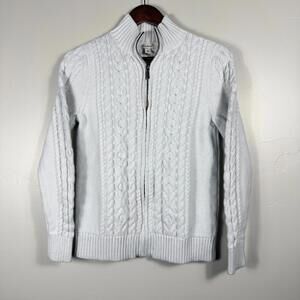 LL Bean White Cotton Double L Mixed-Cable Knit Full Zip Cardigan Sweater Size M